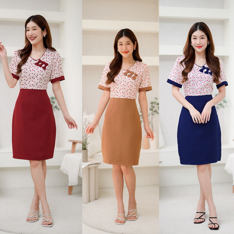 kudapy เดรสสั้นสีแดง/สีกรม/สีน้ำตาล ลายดอกคอวีแต่งโบว์