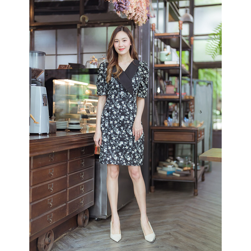 kudapy เดรสสั้นสีชมพู/สีดำ/สีเเหลือง เดรสทำงานทรงสูทลายดอก