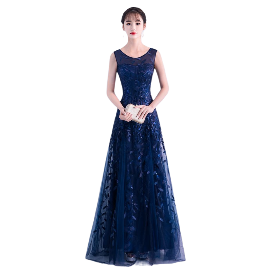 ชุดราตรีสีน้ำเงิน ผ้าลูกไม้ปักลายใบไม้แต่งด้วยเหลือบดิ้นสีน้ำเงิน M L XL