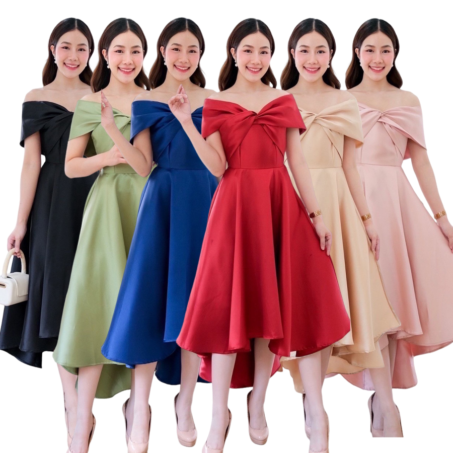 kudapy เดรสหน้าสั้นหลังยาวสีเขียว ทอง เทา ชม กรม แดง โรสโกล ขาว เปิดบ่าTwistอกใหญ่ ปิดพรางซ้อนแขน แบบอลังๆ แต่ไม่เวอร์วัง กระโปรงทรงหน้าสั้นหลังยาว