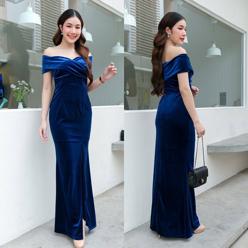 kudapy เดรสยาวสีดำ/สีน้ำเงิน/สีเขียว ผ้ากำมะหยี่ไขว้อก ทรงเปิดบ่า กระโปรงหางปลาผ่าหน้า ทรงนี้เรียบหรู