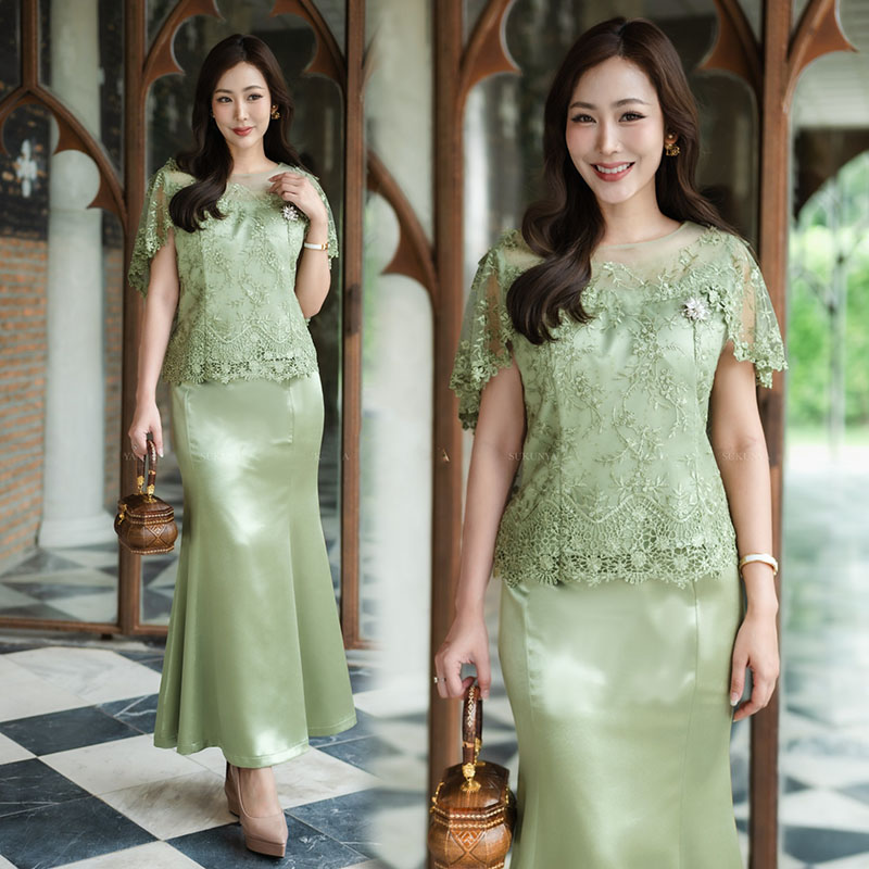 kudapy ชุดเซ็ท เสื้อตกแต่งด้วยผ้าลูกไม้3มิติ ปักเลื่อม แต่งแขนแบบคลุมไหล่ กระโปรงทรงหางปลา กระโปรงซับในผ้าฝ้าย ชุดมีซิปหลัง ใส่สบาย