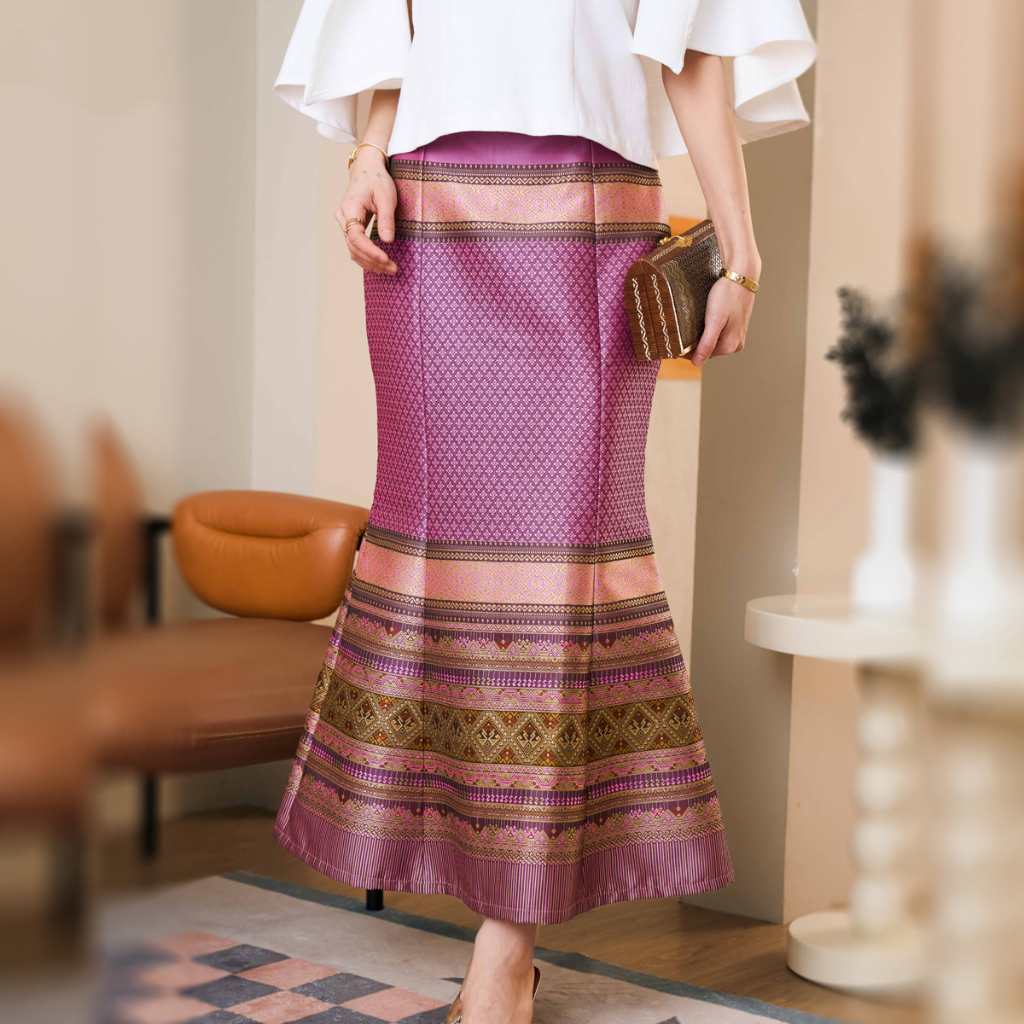 kudapy ชุดออกงาน เสื้อผ้าฝ้ายแขนระบาย+กระโปรงผ้าไหม ทรงหางปลา