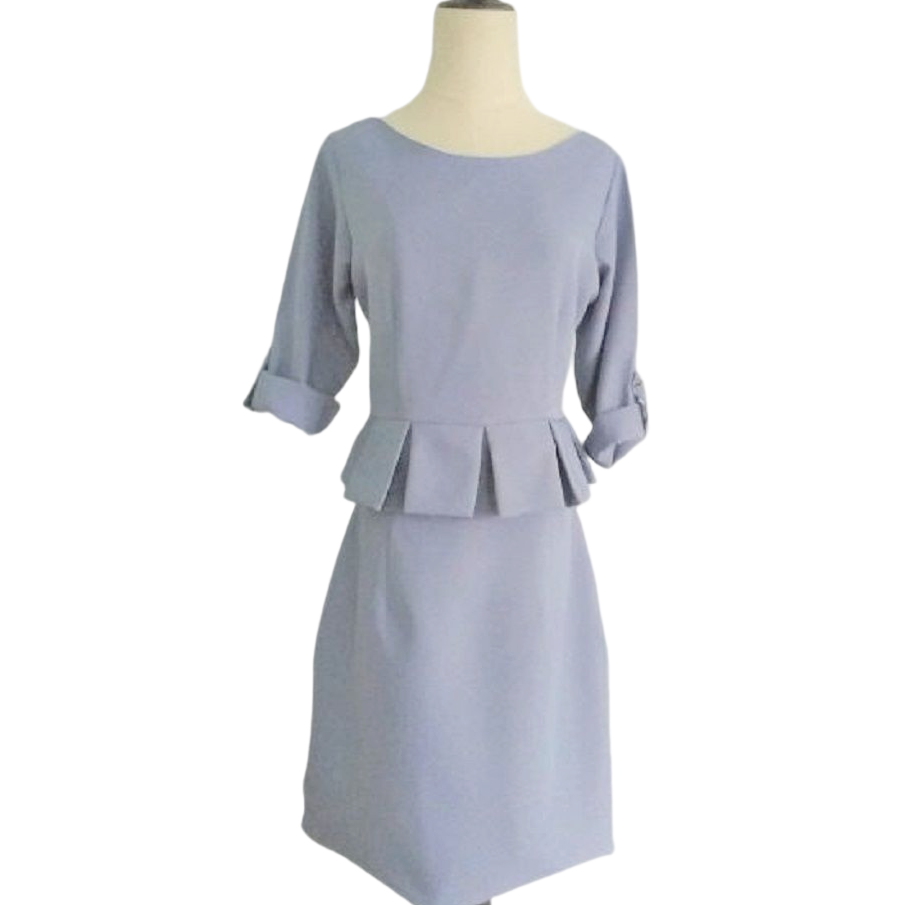 kudapy เดรสสั้นคอกลมแขนสามส่วนสีเขียวอ่อน ,สีเทาฟ้า แต่งระบายเอว กระโปรงทรงเอ เดรสสั้นใส่ทำงานสวยๆ