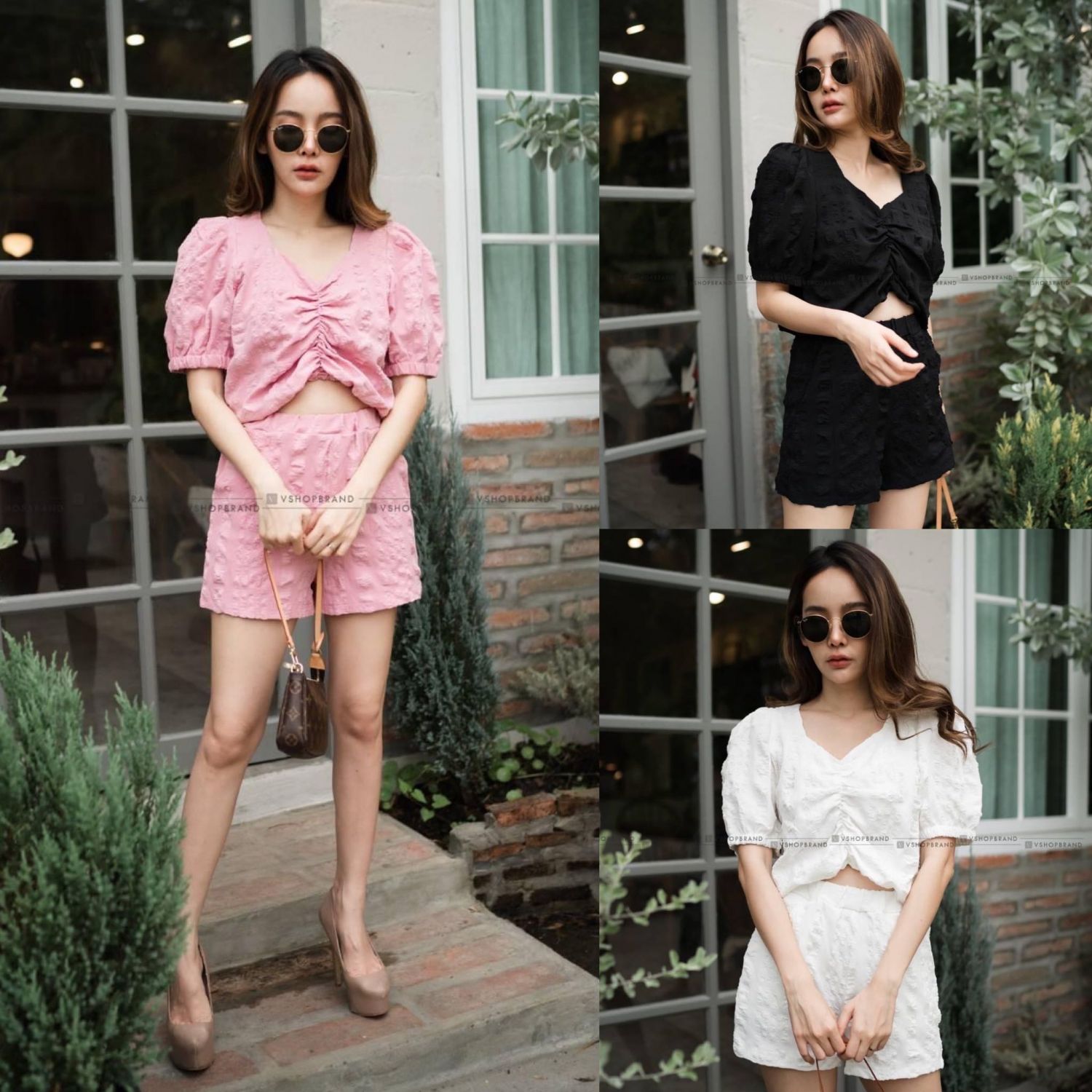 kudapyเซตสั้นชมพู/ดำ/ขาว มาเป็นเซต พร้อมเสริฟ์ความชิค งานผ้ากุ้น ใส่สบายมาก เซตเดียวจบ