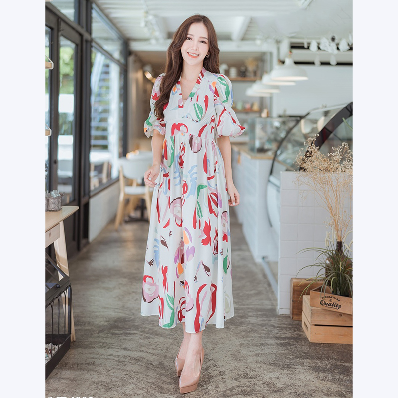 kudapy เดรสยาวคอวี แขนพอง สีขาว,สีชมพู คอวีกระดุมหน้าดูดีสวยใส่สบายสไตส์คุรหนูมากๆ