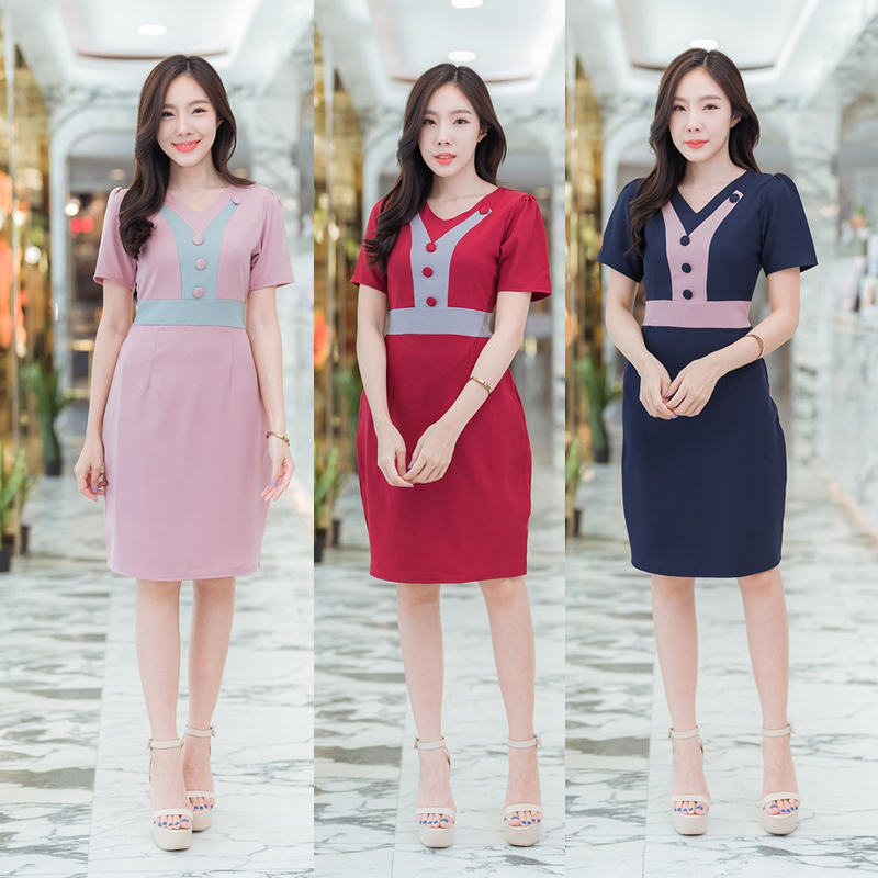 kudapy เดรสสั้นทูโทนสีชมพู/สีกรม/สีแดง คอวีทูโทนแต่งกระดุม