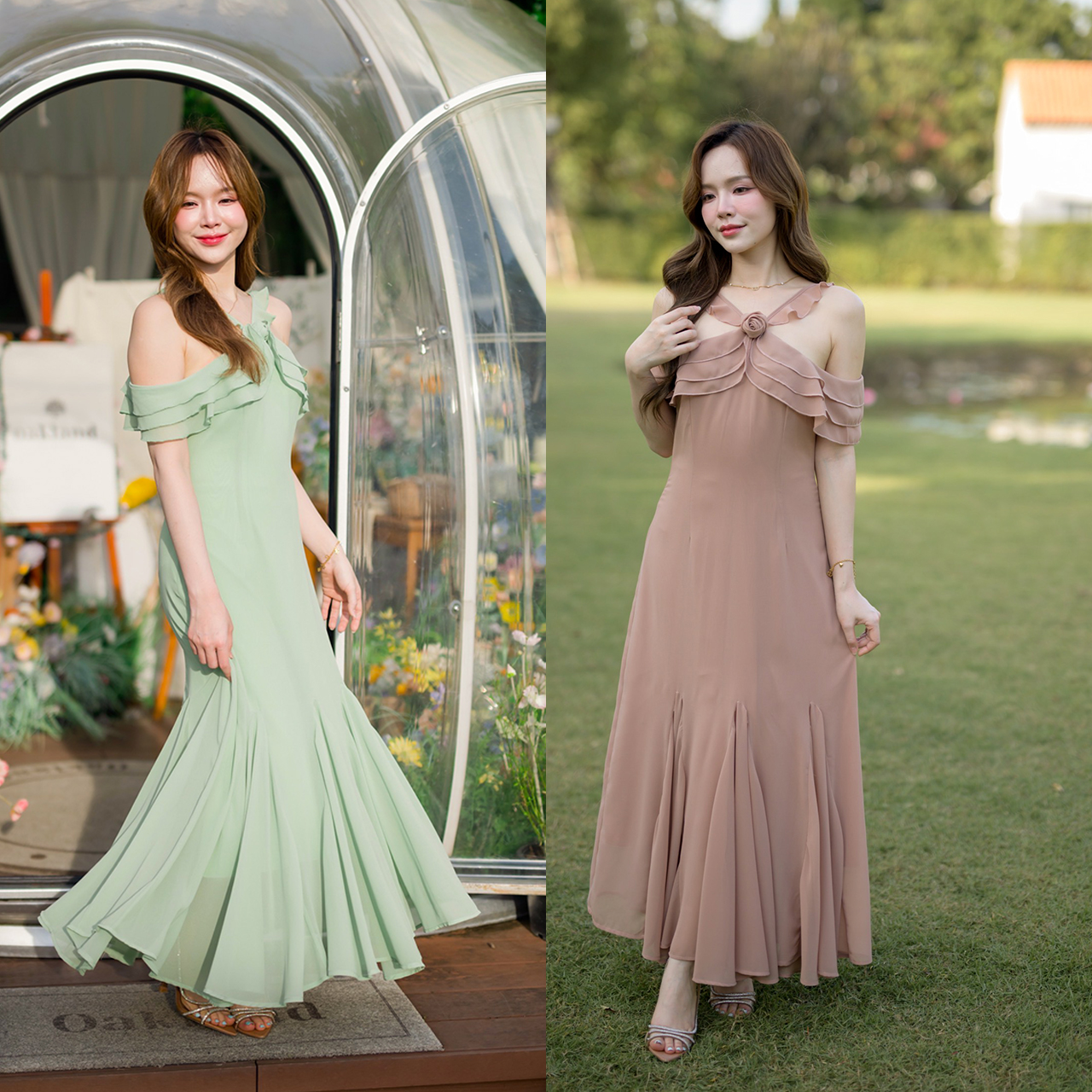 kudapy เดรสยาว ช่วงคอเป็นแบบคล้องคอทรง Vest ดูเซะซี่ ต่อระบายเลเยอร์ 3 ชั้นลงมาปิดแขนทั้ง 2 ข้าง ชายกระโปรงแต่งระบายพลิ้วสวย