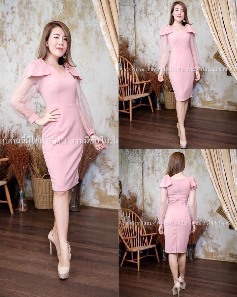 kudapy เดรสสั้นแต่งโบว์ไหล่คู่ สีชมพู, กรมท่า, แดงเลือดหมู, ไวน์แดง, เทา, ขาว ,โอวัลติน แขนแต่งผ้าชีฟองลายจุดๆ ผ้าฮานาโกะผ้ายืดเนื้อดีทิ้งตัว