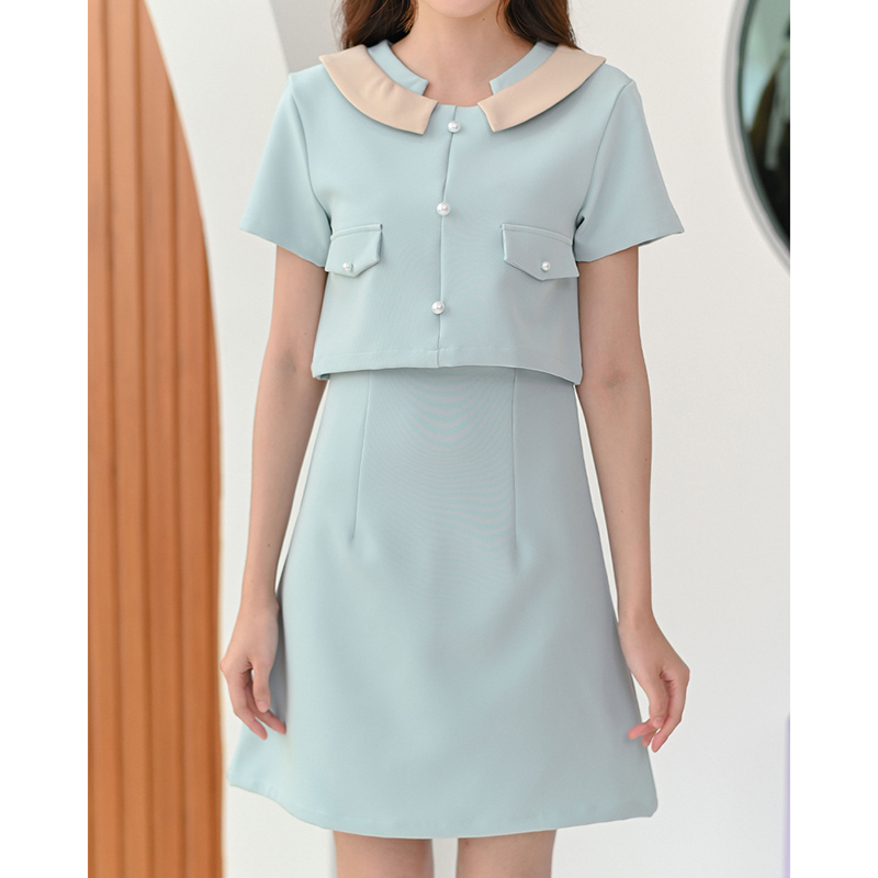 kudapy เดรสสั้นสีมิ้นท์อ่อน/สีฟ้า คอกลมแขนสั้น ตัดต่อเล่นสีคอปก ตัดต่อตัวเหมือนใส่แยกชิ้นทรงสวยเข้าเอว แต่งกระเป๋าหลอก