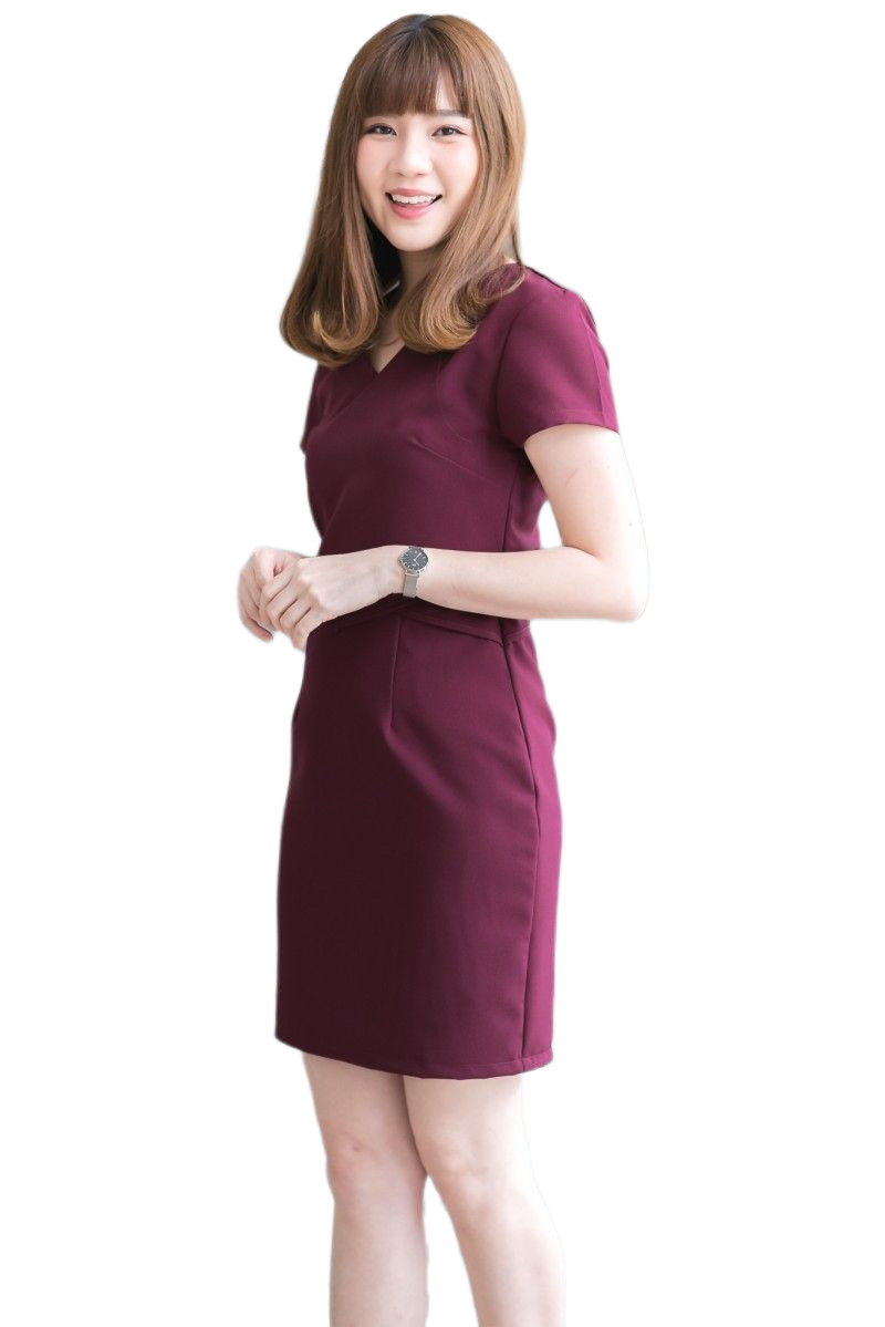 เดรสสั้นคอวี แขนสั้นสีกรมท่า,สีแดงเลือดหมู, สีดำ, สีน้ำตาล ,สีม่วง แต่งลายที่เอว เดรสทำงานทรงสวย งานดีมาก ซิบหลัง ซับใน