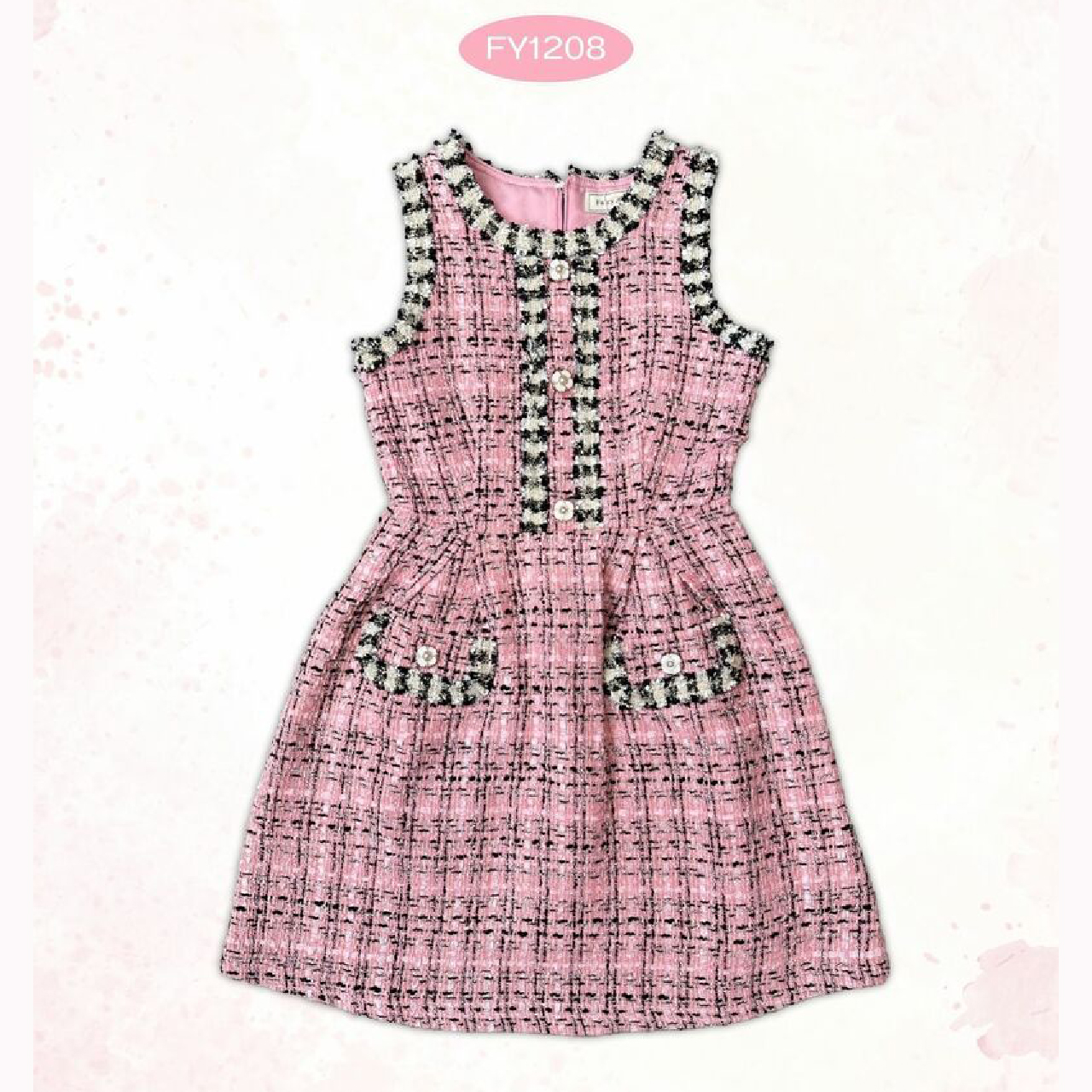 kudapyเดรสสั้นสีขาว/สีชมพู ผ้าชาแนลแขนกุด