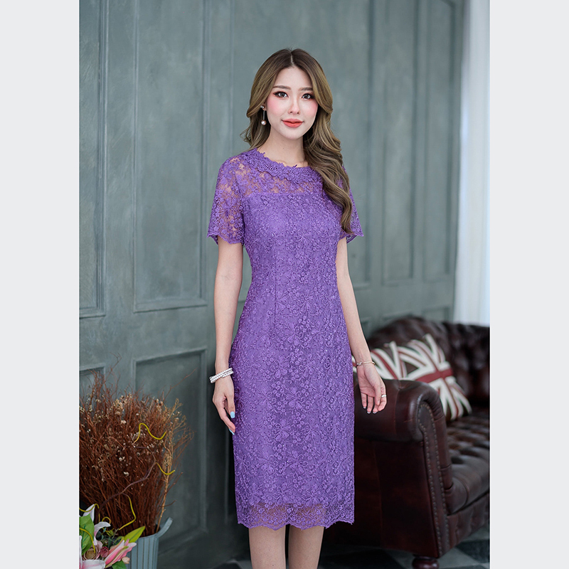 kudapy เดรสสั้นคอกลมปักเลื่อมแขนสั้นสีเขียว / สีม่วง ทรงเอสวยหรู เดรสลูกไม้เกรดพรีเมี่ยม ชุดนี้แนะนำค่ะ เป็นลูกไม้ปักลายสวยงาม