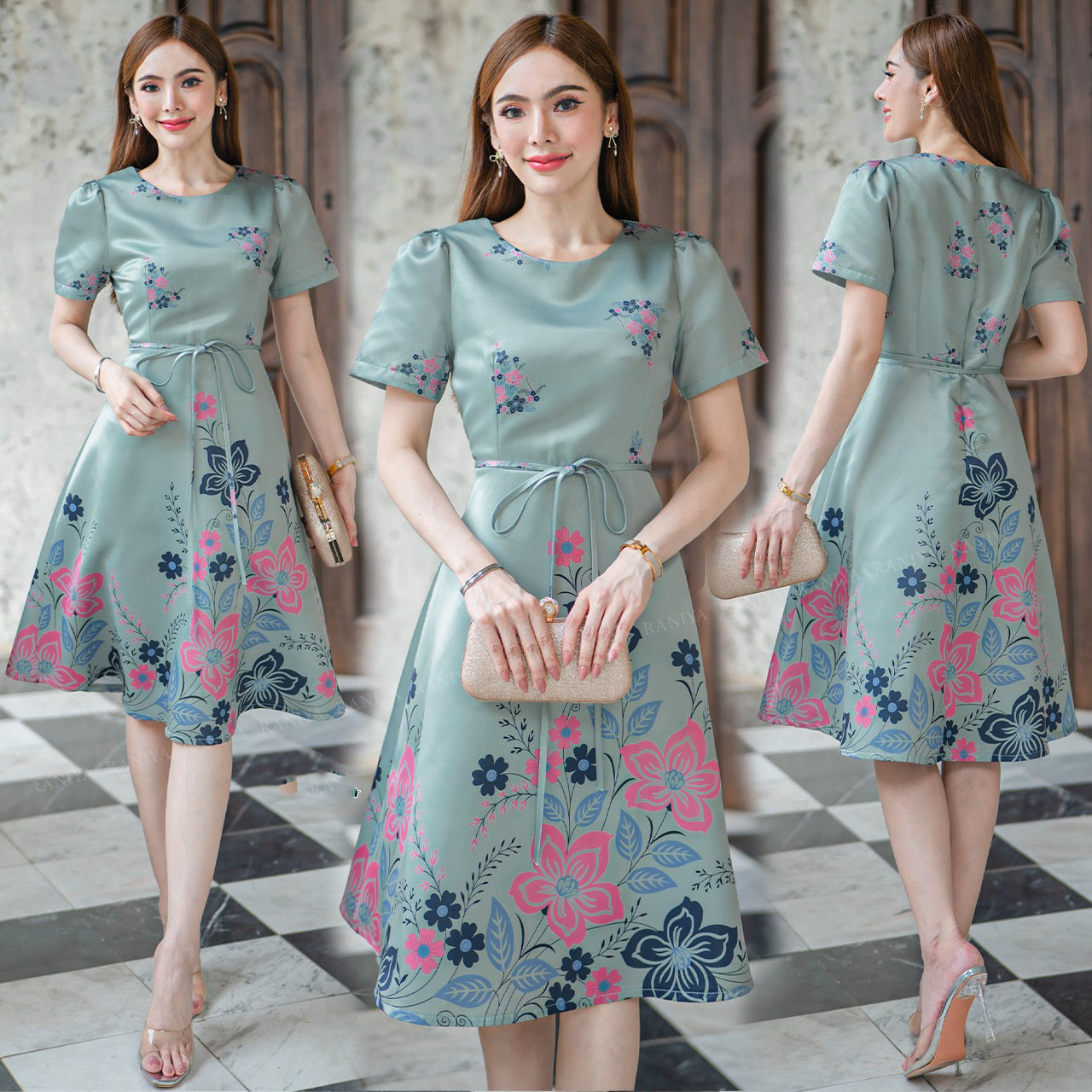 kudapy เดรสสั้นสีเขียว/สีขาว/สีครีม ผ้าSatin silk แขนสั้น เนื้อบางไม่หนา งานปริ้นลายดอก