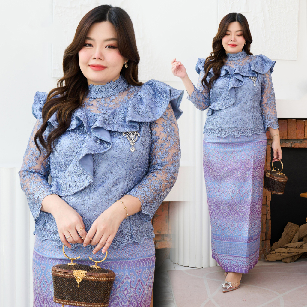 kudapy ชุดเซ็ทออกงานสีม่วง +ผ้าถุงทอลายแพรวากาฬสินธุ์ คอจีน แขนยาว แต่งระบายไหล่