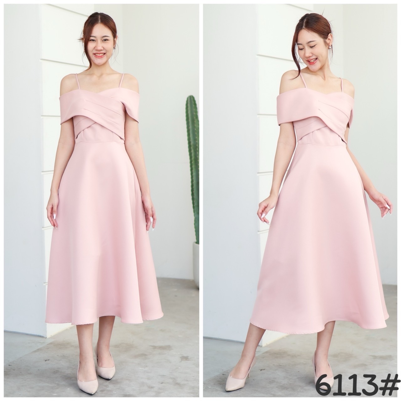 kudapy Midi dress เปิดบ่า ไขว้อก พรางแขนไหล่ตก แต่ไม่ต้องกลัวหลุด ผ้าเก็บทรง กระโปรงบานยาว