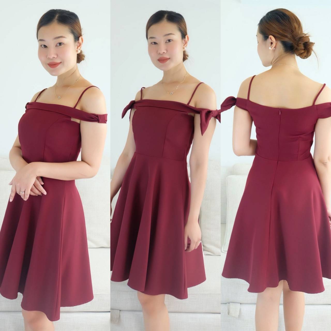 kudapy เดรสสั้นออกงานสายเดี่ยว แต่งโบว์ เดรสออกงานทรงระบาย ผ้าเบเป้ ยาว 35 นิ้ว