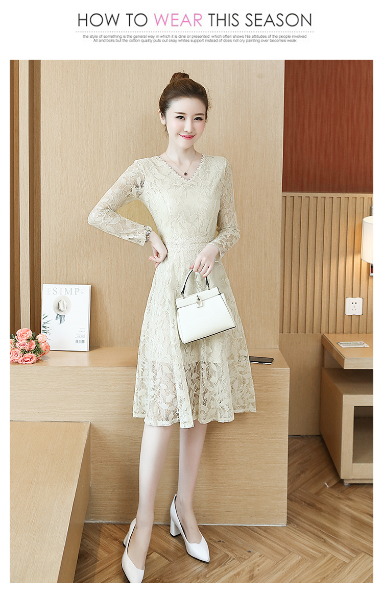 kudapy เดรสสั้นสีครีม ผ้าลูกไม้ซีทรู คอวี แขนยาว กระโปรงทรงเอ สวยหวาน