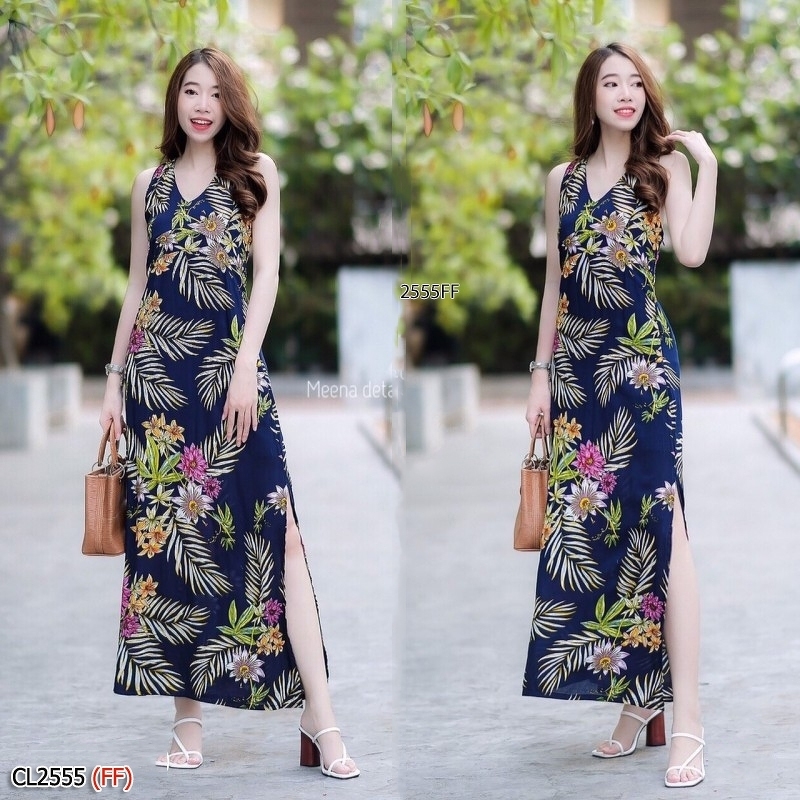 kudapy เดรสยาวสีขาว/สีดำๅสีกรม ลายใบมะพร้าว ผ้าสปันนิ่มๆคอวี ดีเทลด้านหลังไขว้น่ารักมาก