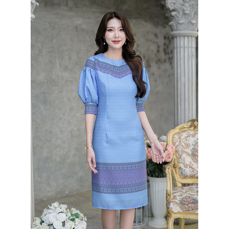 kudapy เดรสสั้นสีม่วงเปลือกมังคุด/สีฟ้า ลายไทย งานพิมพ์ผ้าลายสวย ผ้าเนื้อนิ่มใส่สบาย ดีไซน์แขนพองบอลลูนแต่รุ่นนี้เราจั้มปลายแขนทรงแขนจะพองสวยมาก