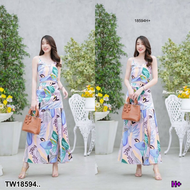 kudapy set 2 ชิ้น เที่ยวทะเล เสื้อสายเดี่ยวไขว้ด้านหน้าลายใบไม้ + กระโปรงยาว ลายใบไม้