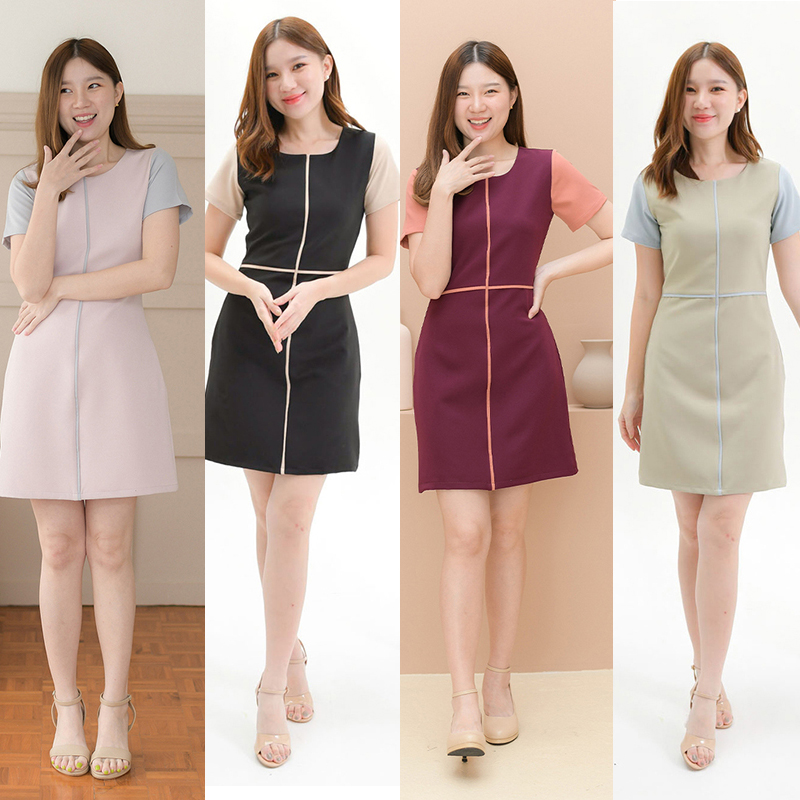 kudapy เดรสสั้นสีดำ/สีมัทฉะ/สีแดงเข้ม/สีชมพูอ่อน แขนสั้น มีกิมมิคกุ๊นด้านหน้าตัดกลางลำตัวเป็น 4 ช่องตาราง เล่นสีทูโทนช่วงแขนและเส้นกุ๊นสีเดียวกัน