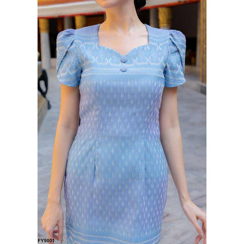 kudapy เดรสสั้นสีโอรส/สีชมพู/สีม่วง/สีฟ้า ผ้าทอแขนบัว เดรสผ้าไทยสวยดูดี ใส่ออกงาน