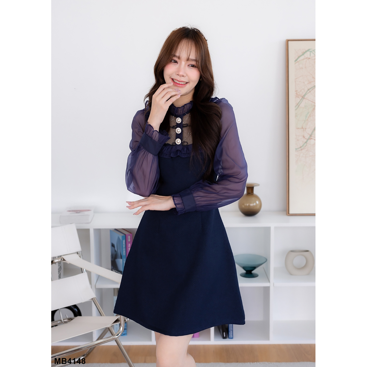 kudapy เดรสสั้นสีกรม/สีน้ำตาล เกาหลีแขนยาวชีฟอง