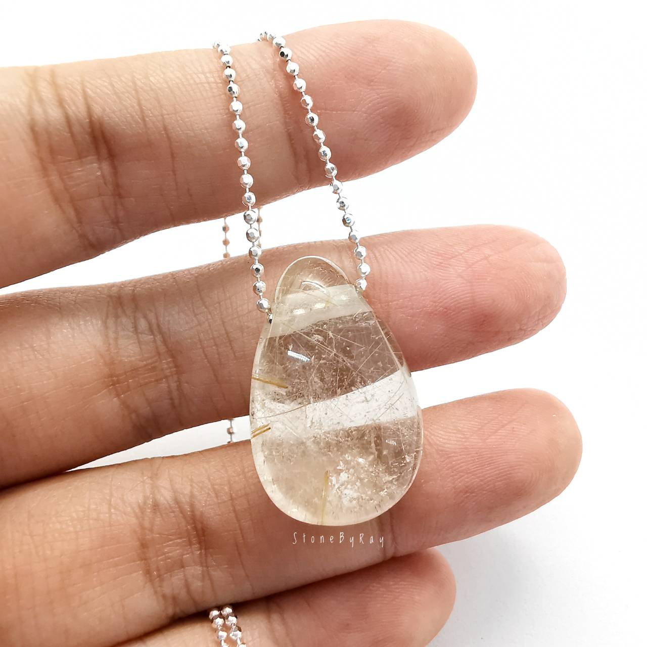 สร้อยคอเงินจี้หินไหมทองเจียรทรงหยดน้ำ Rutilated Quartz