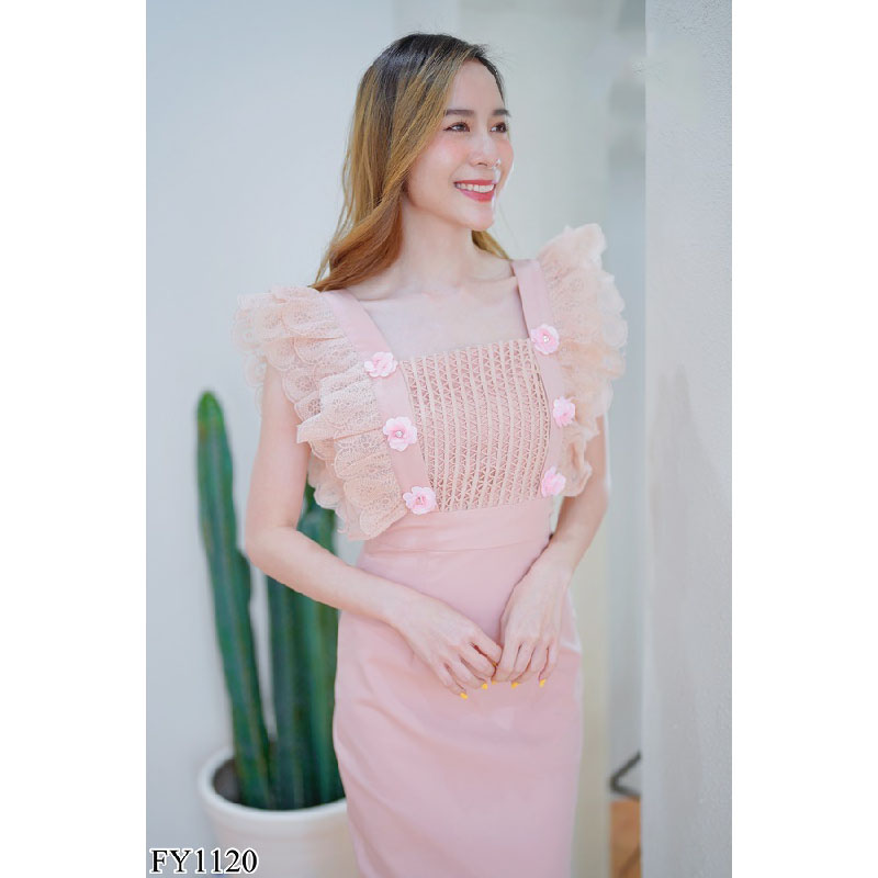 kudapy เดรสสั้นสีน้ำตาล/สีชมพู คอเหลี่ยมแขนระบายลูกไม้