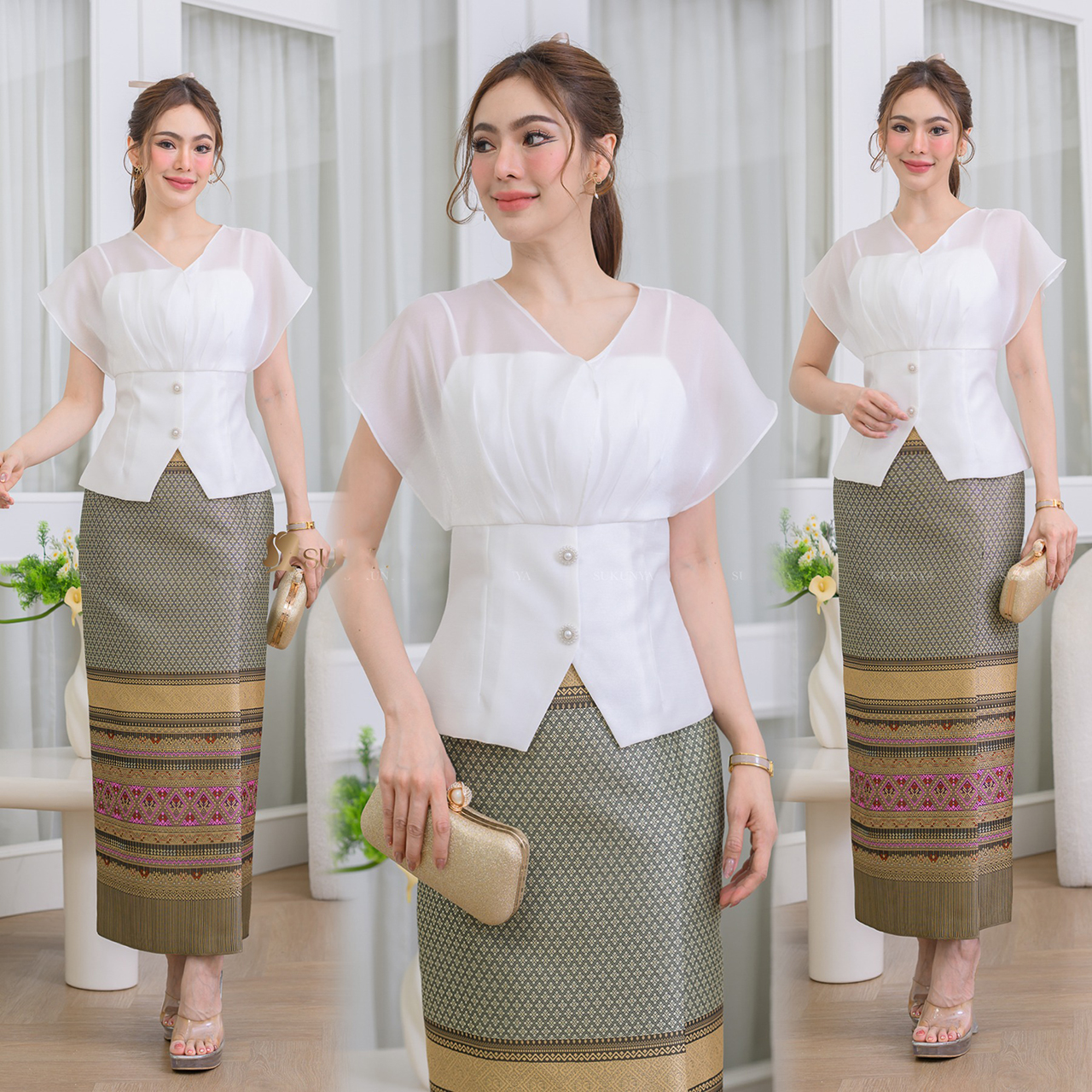 kudapy เสื้อผ้าไหมจิตลดาสี่เส้น แต่งผ้าไหมแก้วเนื้อผสมไม่แข็ง แต่งกระดุมหลอก (เฉพาะเสื้อ)