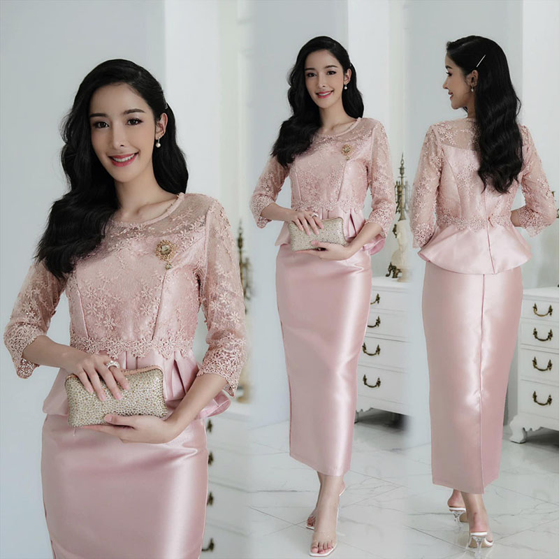 kudapy ชุดเซ็ทสีเทาเงิน/สีโรส์ดโกล ผ้าไหมญี่ปุ่น ผ้าหนาเงา เสื้อลูกไม้ใยบวบ เอวระบายคอกลม