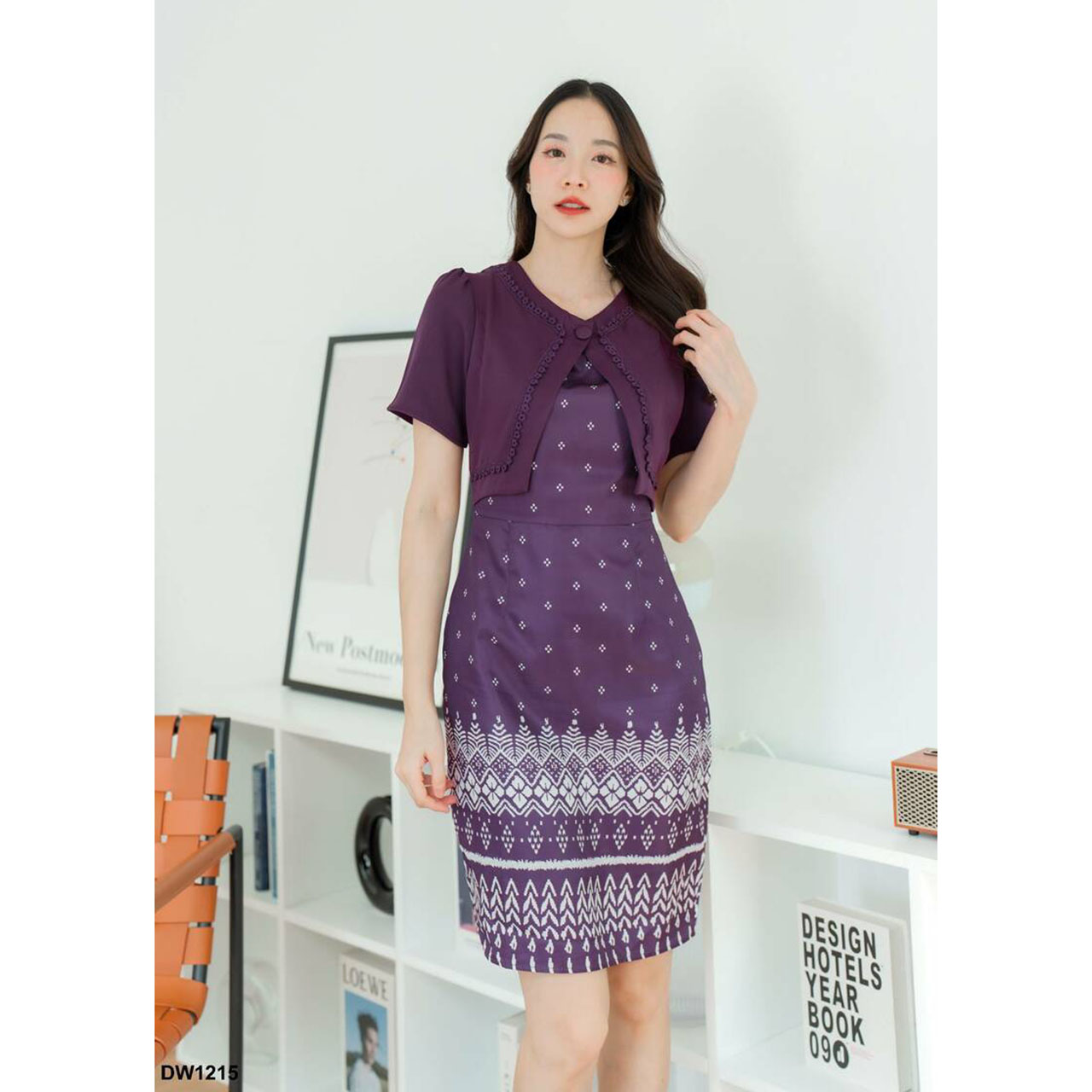 kudapy เดรสสั้นสีม่วง/สีเหลือง/สีชมพู เดรสผ้าลายไทยกั๊กผ้าพื้น