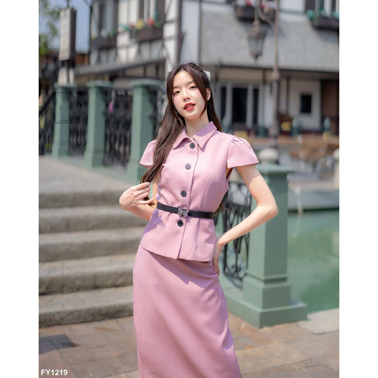 kudapy ชุดเซ็ทออกงาน+เข็มขัด แขนสั้นคอปก ใส่ออกงานสวยดูดี