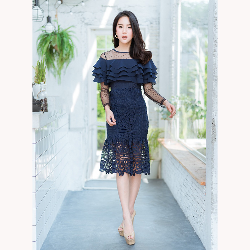 kudapy เดรสสั้รสีชมพู/สีกรม/สีขาว ลูกไม้อกชีฟอง4ชั้นใส่สวยดูดี