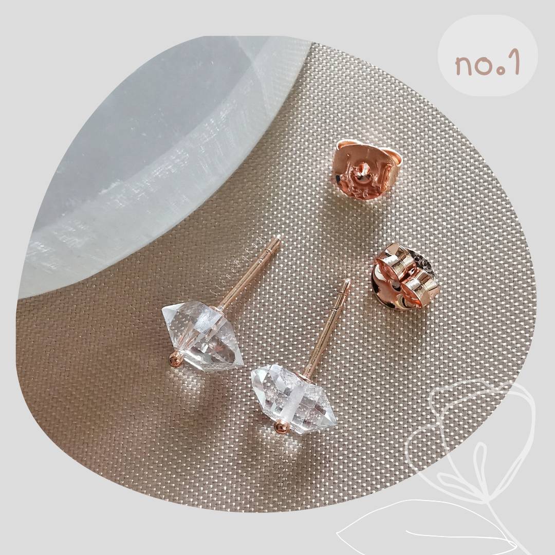 ต่างหูเงินชุบพิ้งโกลด์คริสตัลเฮอร์คิเมอร์ไดม่อน Herkimer Diamond