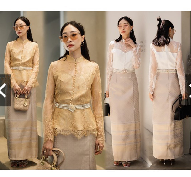 kudapy เซทแยก 2ชิ้น เสื้อลูกไม้สีขาว,สีทอง + ผ้าถุงโทนสีครีมทอง เสื้อลูกไม้แขนยาวคอจีน