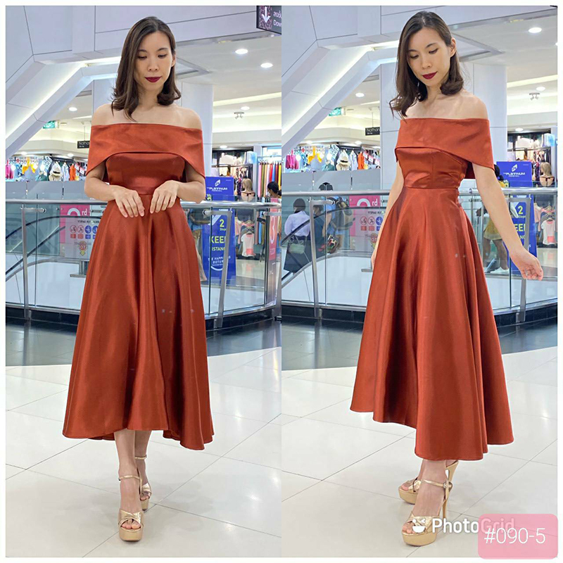 kudapy เดรสเปิดบ่า พับอก หน้าสั้นหลังยาวสีกรม แดงไวน์ ครีมทอง คอปเปอร์ อัดกาวเก็บทรงสวย สามารถยืดหยุ่นได้