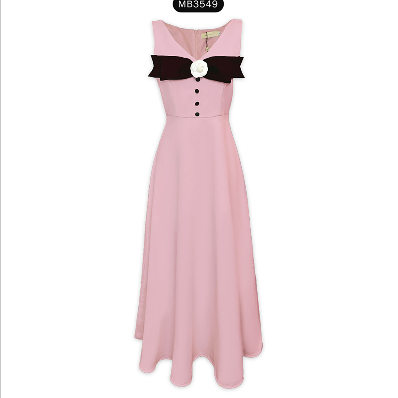 kudapy เดรสยาวสีขาว/สีชมพู+โบว์ดอกไม้ติดอกใส่เที่ยว ออกงานสวยดูดี