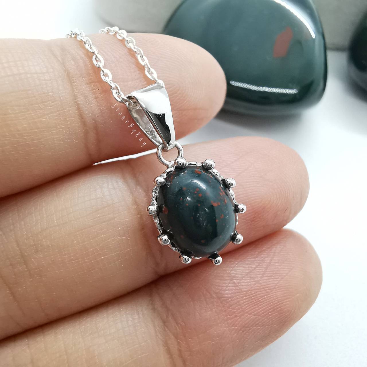 สร้อยคอเงินหินบลัดสโตน(หินเลือด) Bloodstone