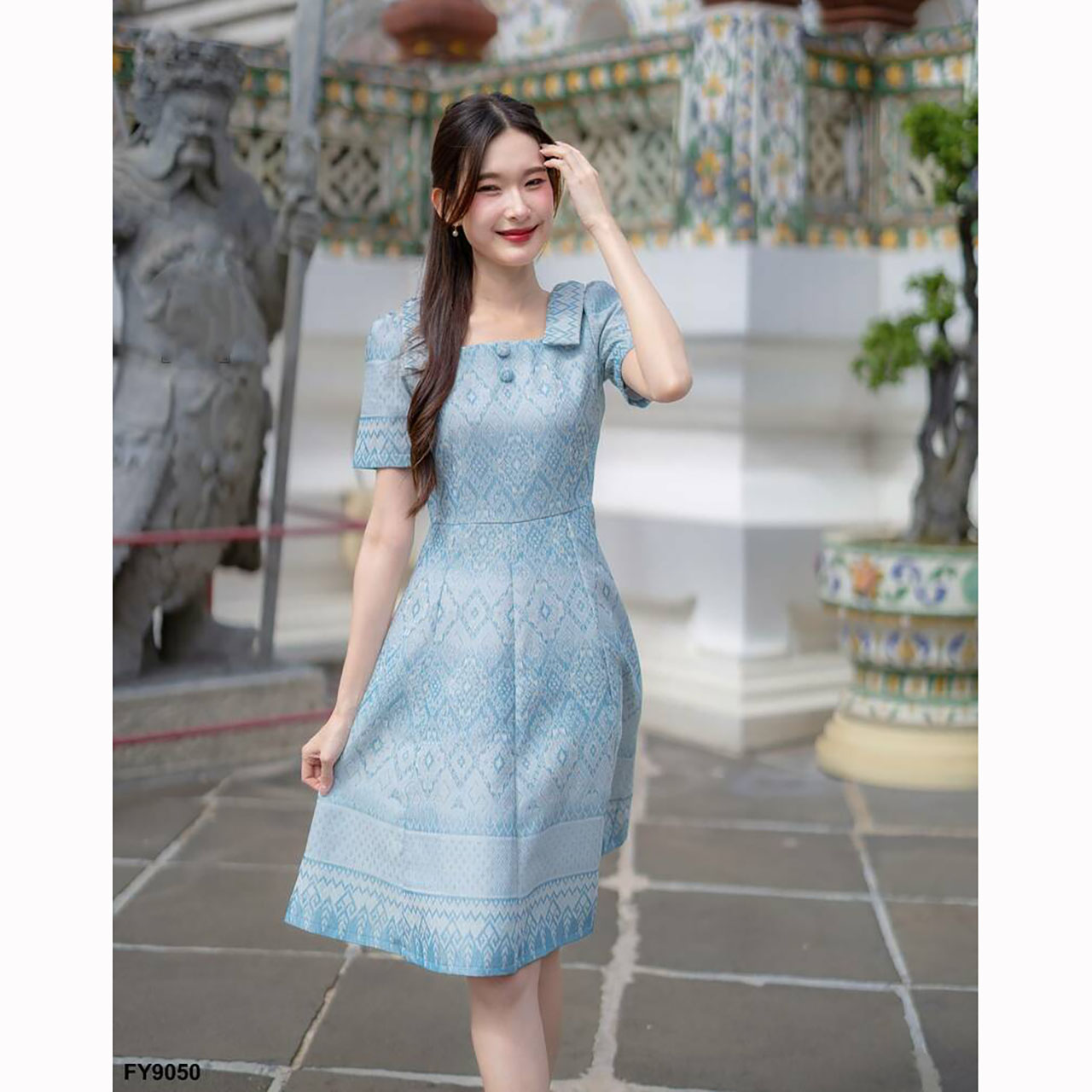 kudapyเดรสสั้นสีเหลือง/สีฟ้า ผ้าลายไทยแต่งโบว์ไหล่