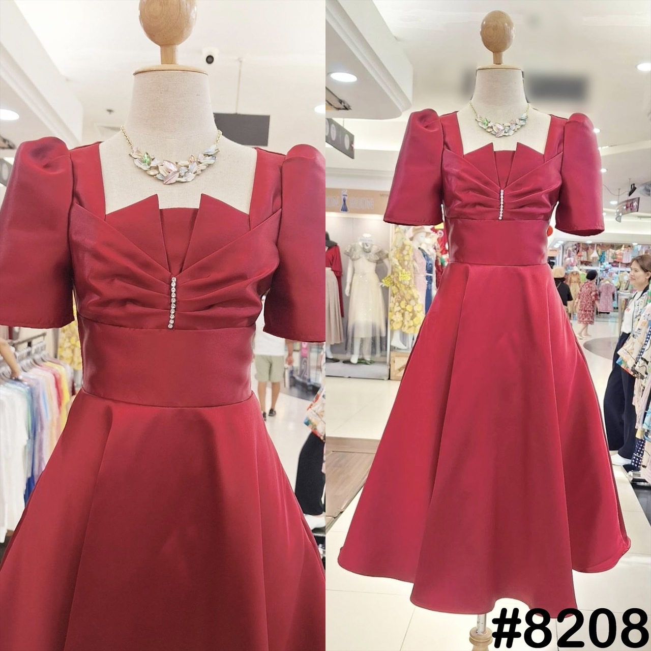 kudapy เดรสออกงาน แต่งจีบอกประดับเพชร แขนทรงจับจีบตุ๊กตา สีขาว,แดง ,โรสโกล ,เขียวอมเทา