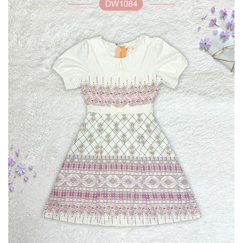 kudapy เดรสสั้นสีขาว/สีเหลือง/สีม่วงอมชมพู/สีแดง ผ้าไทยทรงบานโบว์เอว