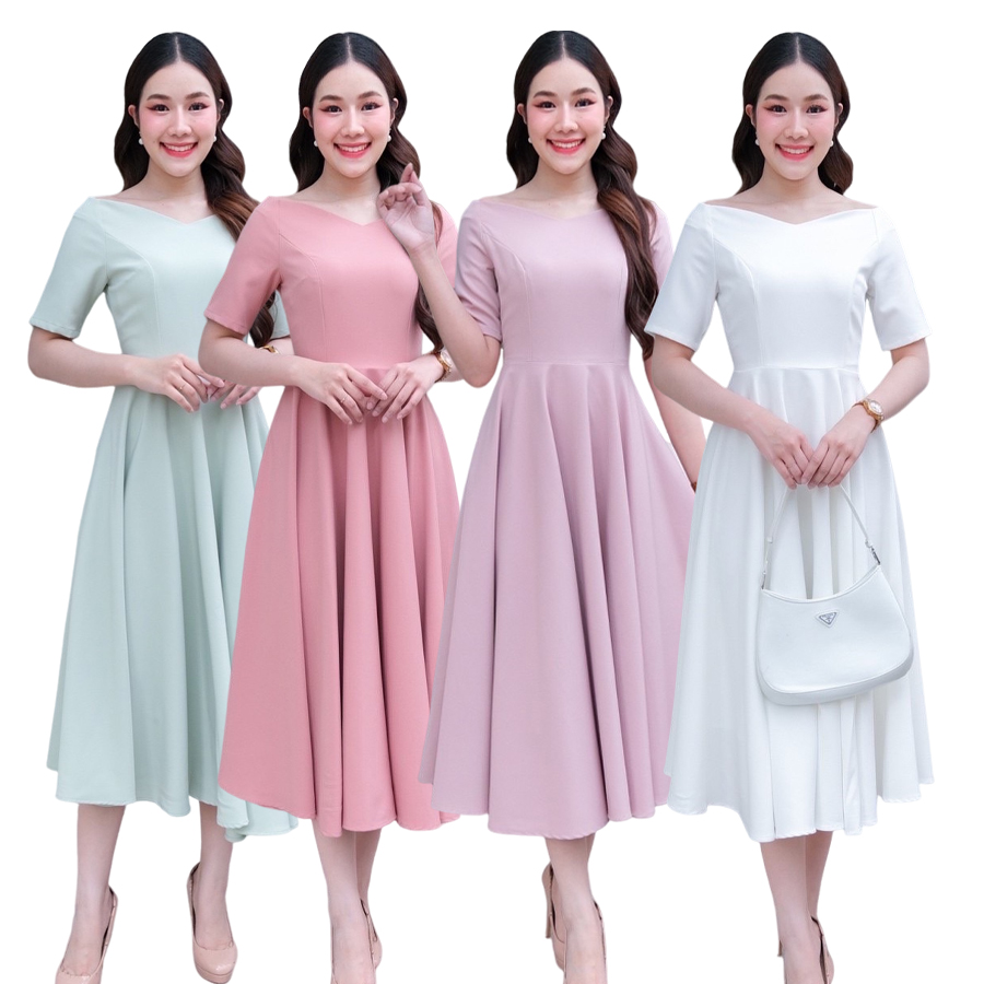 kudapy เดรสสั้นสีขาว/สีชมพูอ่อน/สีชมพูเข้ม/สีเขียวมิ้นท์ แขนสั้น คอปาด กระโปรงบาน สวยใส่สบาย