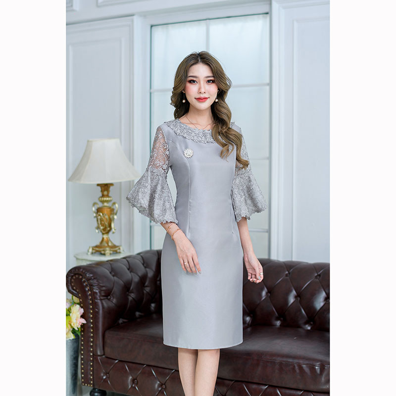 kudapy เดรสสั้นสีโอรส/สีเทา ดีไซด์แขนระบายปิดศอก แขนบานทำให้ดูสวยแพงได้ลุคไฮมาก