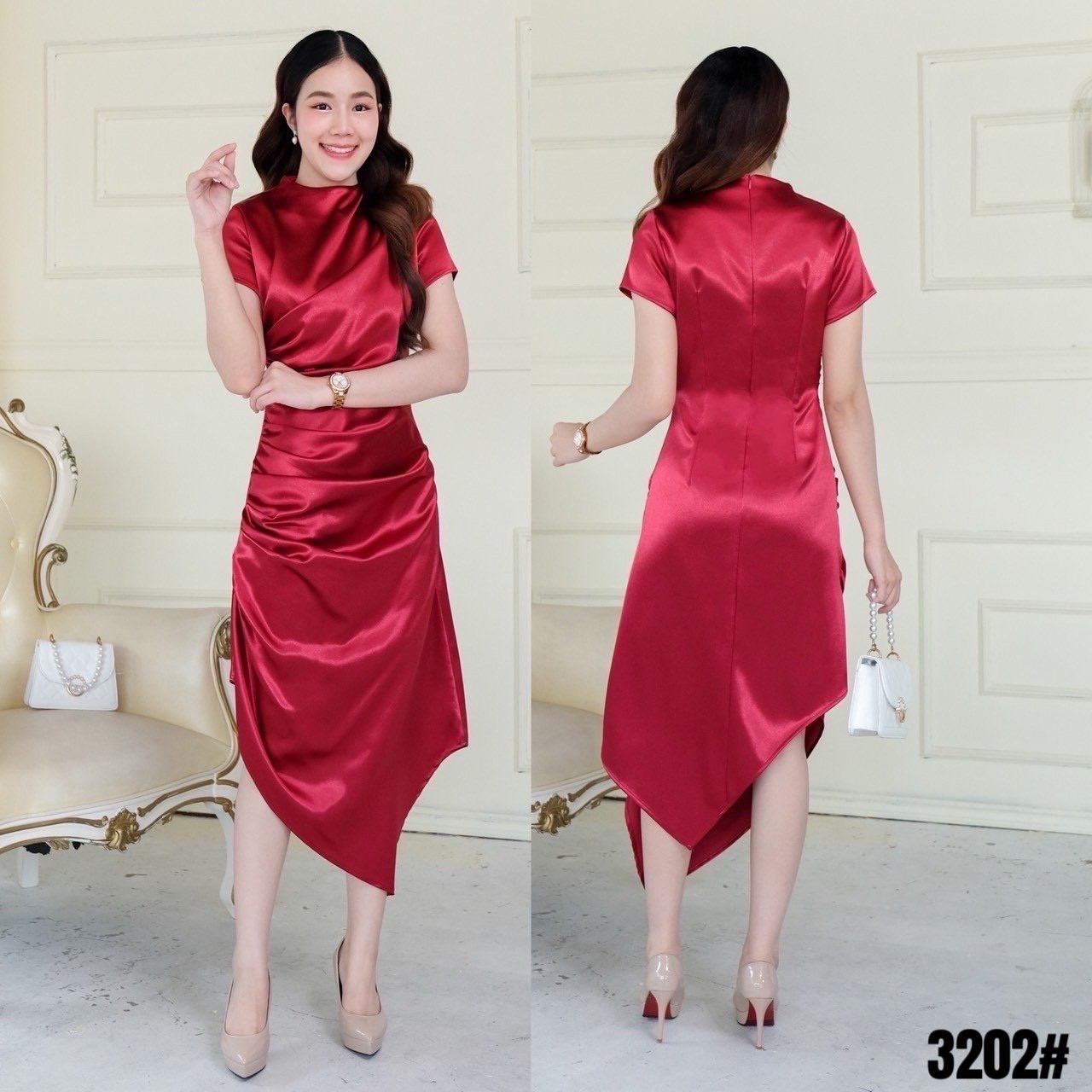 kudapy เดรสสั้นใส่ออกงานสีแดงสด แขนสั้น คอปีน ผ้าเนื้อเงา