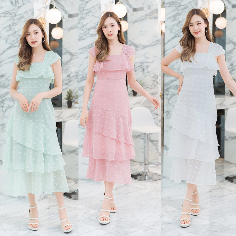 kudapy เดรสยาวสีชมพู/สีขาว/สีเขียว ชีฟองจุดอกระบาย