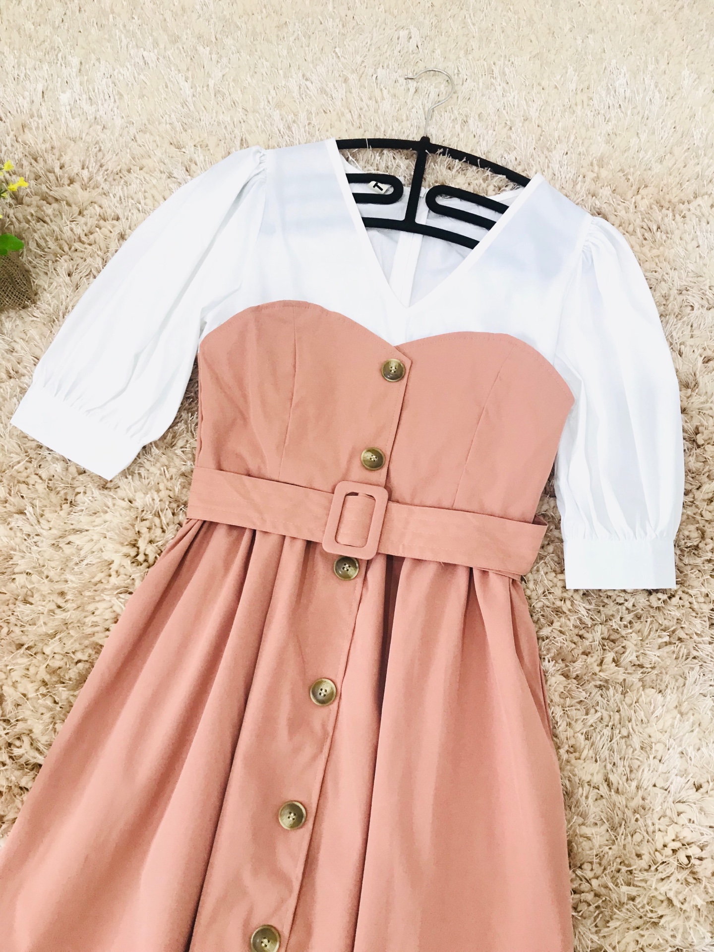 เดรสยาวคลุมเข่าสีชมพู ผ้าคอตตอนเนื้อดี ดีไซน์ตัดเย็บเหมือนใส่ 2 ชิ้น M