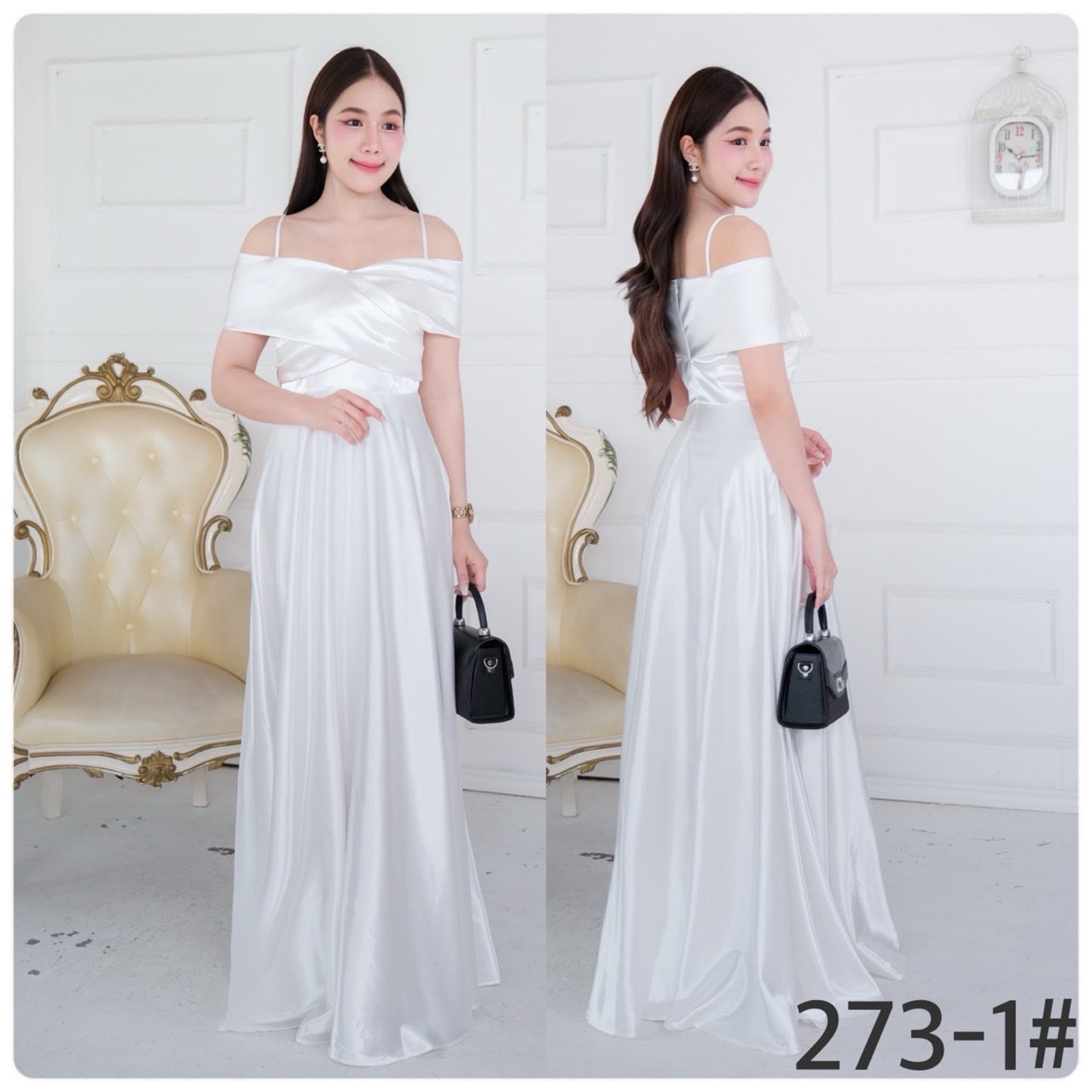 kudapy เดรสยาว เปิดบ่า สายเดี่ยวอกไขว้ กระโปรงบานเจ้าหญิง ผ้าซาติน ใส่ออกงานสวยดูดี