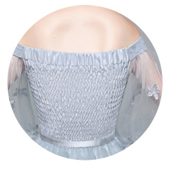 kudapy ชุดราตรีสั้นสีเทาปาดไหล่ ชุดไปงานแต่งงาน ช่วงบนเป็นผ้าลูกไม้ซีทรูห้อยสวยงาม